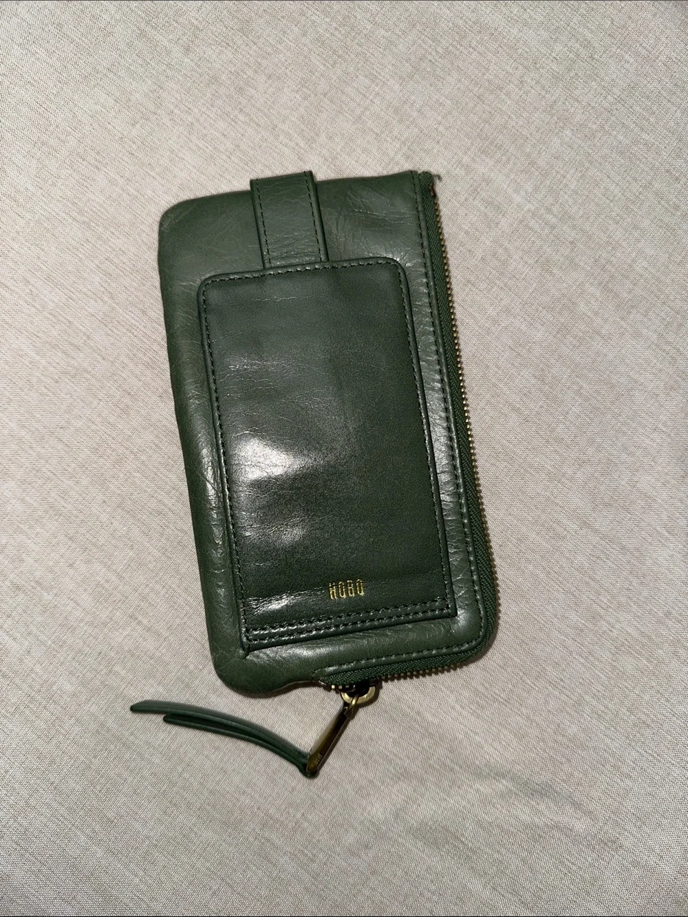HOBO Dark Green Leather Zip Wallet Wristlet with Exterior Pocket